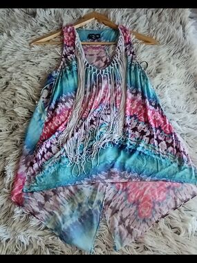 bebe Multicolor Tie-Dye Fringe Tank Top